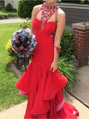 Rachel Allan Red Beaded Halter Prom Gown